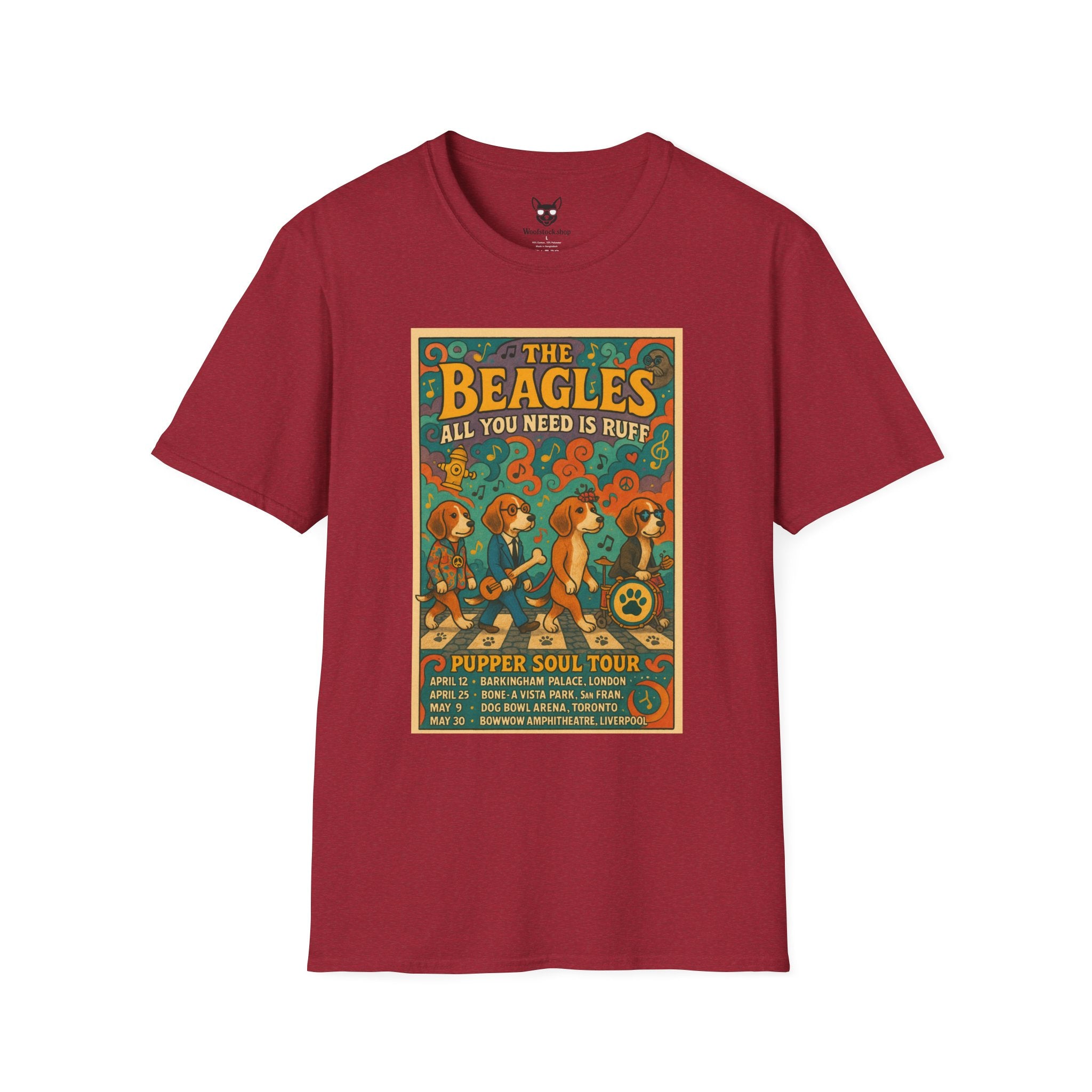 The Beatles Concert Poster Dog Parody Unisex Softstyle T-Shirt -- Funny Dog Concert Tee for Music and Dog Lovers